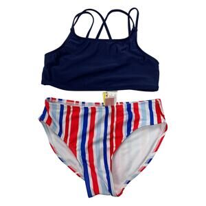 New Cat & Jack Girls XL (14) Navy Blue USA Stripe 2PC Bikini Swim Suit Set